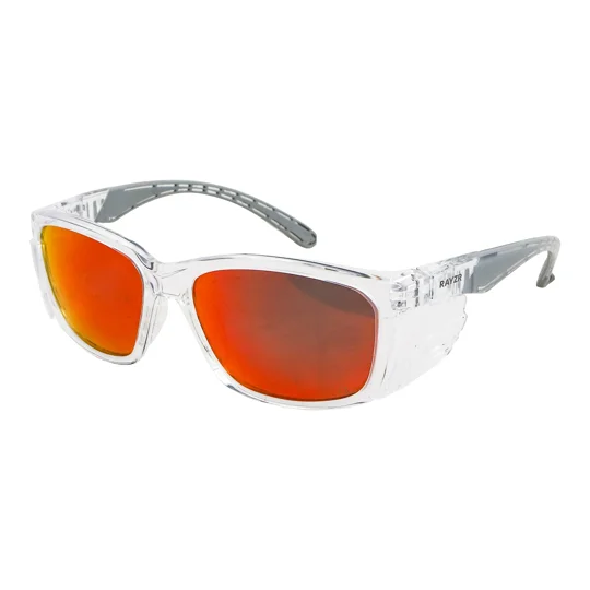 Rayzr Safety Glasses - Clear Frame - Red Mirror Polarised