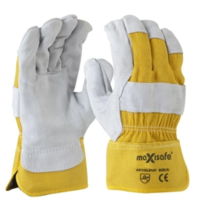 Grey split palm, yellow cotton back glove (12 Pair)