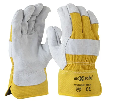 Grey split palm, yellow cotton back glove (12 Pair)