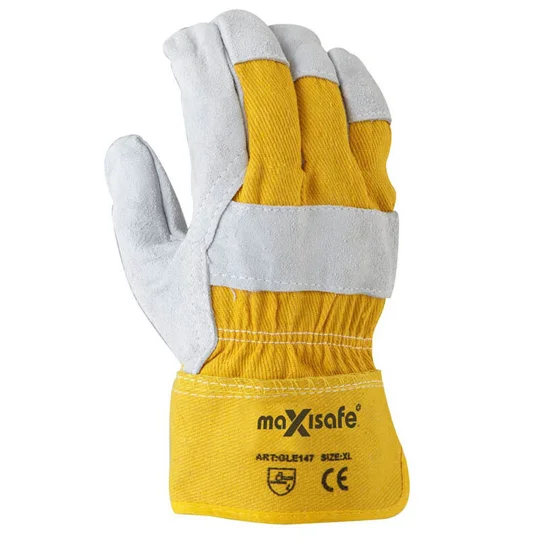 Grey split palm, yellow cotton back glove (12 Pair)