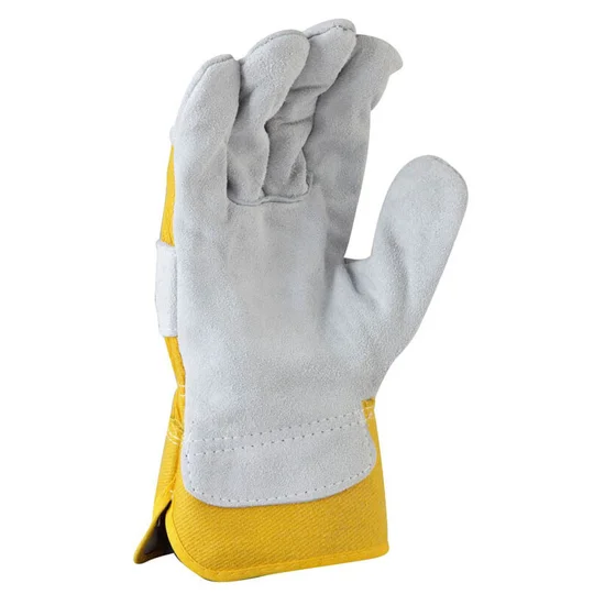 Grey split palm, yellow cotton back glove (12 Pair)