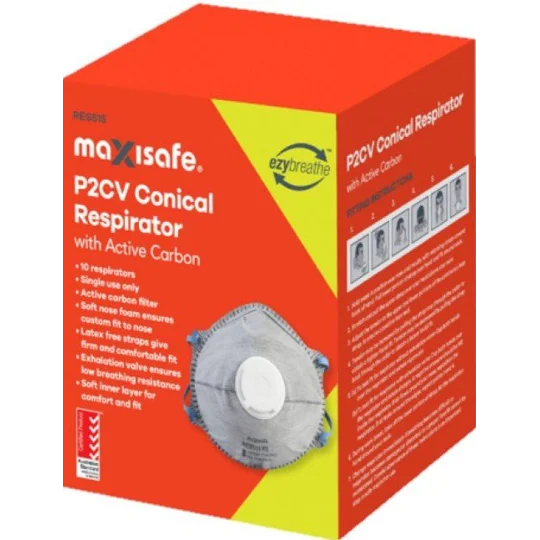 P2 Conical Respirator with Carbon and Valve Dust Mask, Box 10