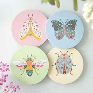 Coaster Set, Floral Bug Design