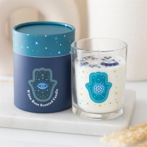 Hand of Hamsa White Rose Candle with Crystals