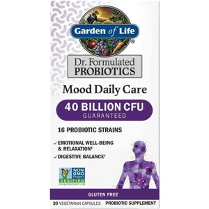 A 30-capsule bottle of Garden of Life Dr. Formulated Mood Daily Care Probiotics dietary supplement.