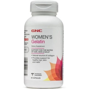 A bottle of GNC Women's Gelatin dietary supplement containing 60 capsules.