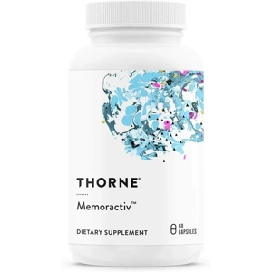 The THORNE Memoractiv bottle prominently displayed, showing its clean branding and 60-capsule count.