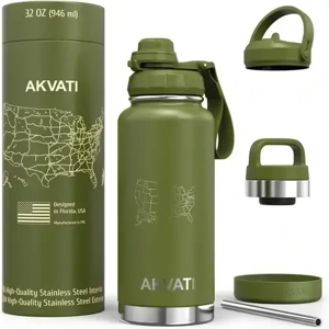 AKVATI 32 oz Insulated Stainless Steel Water Bottle – 3 Lids – Cold or Hot Drinks – BPA-Free