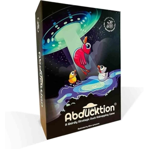 The Abducktion board game box set, including the flexible 3D UFO ship and 80 colorful plastic duck pieces.