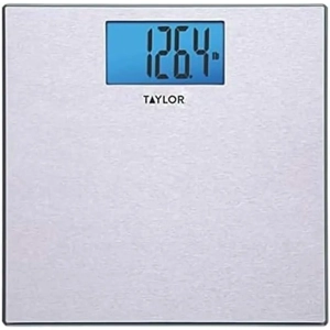 The Taylor Digital Body Scale with a stainless steel platform, 400 lb capacity, and a blue backlit LCD display.