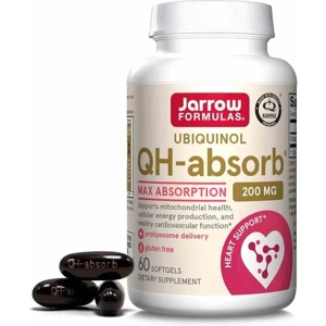 A 60-softgel bottle of Jarrow Formulas QH-absorb, a 200mg Ubiquinol CoQ10 supplement