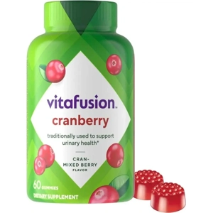 A 60-count bottle of vitafusion Cranberry Gummy Supplements for urinary tract health support.