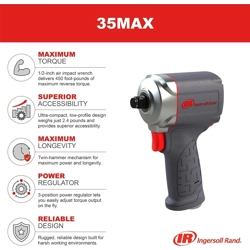 The Ingersoll Rand 35MAX impact tool being used to remove a lug nut from a car wheel in a garage setting.
