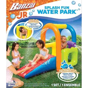 The BANZAI Jr. Inflatable Water-Sprinkling Splash Fun Water Park play mat for toddlers.