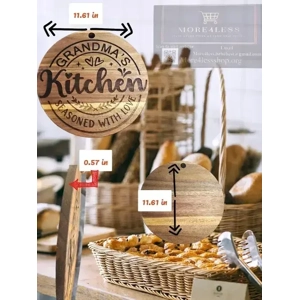 Round Cutting Board, ACACIA Wood (11.61 in x 11.61 in x 0.57 in), More4less Custom Engraving saying Grandmas Kitchen seasoned with love.