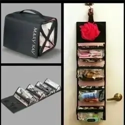 The Mary Kay Roll & Glow bag shown unrolled and hanging, displaying its four clear, detachable compartments filled with makeup.