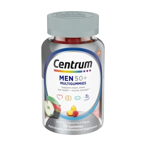 Centrum MultiGummies Men 50 Plus bottle with fruit flavor graphics.