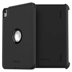 The black OtterBox Defender Series Case for the Apple iPad Air (4th and 5th Generation), including the shield stand.