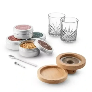 The 9-piece Godinger Dublin Crystal Whiskey Smoker gift set with two old fashioned glasses.