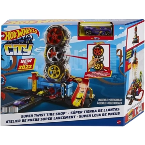 Hot Wheels Toy Car Track Set City Super Twist Tire Shop wi..