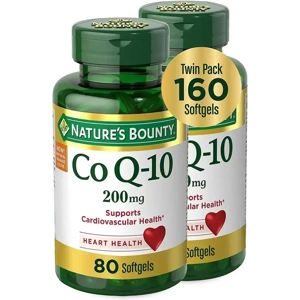 Twin pack of Nature’s Bounty CoQ10 200 mg, 160 softgels, designed for optimal heart health and enhanced energy support.