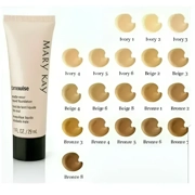 Mary Kay TimeWise Matte-Wear Liquid Foundation for Comb0/Oily Skin and 10 shade examples next to it.
