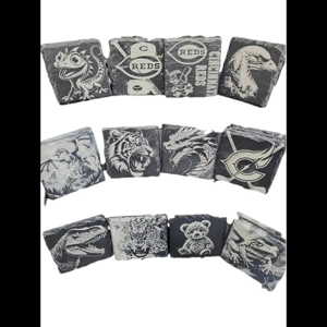 Top Down view of Laser Engraved Slate Coasters featuring Cincinnati Reds logos and Wildlife designs.
