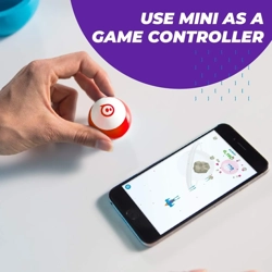 The bright orange Sphero Mini programmable robot ball shown next to a smartphone running the Sphero Play app.
