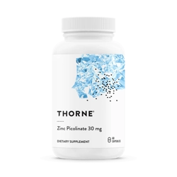 A clean, white bottle of Thorne Zinc Picolinate, 30 mg, with 90 capsules, highlighting the product's branding and dosage.