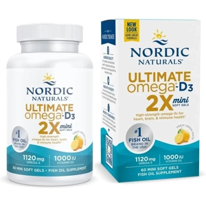 Nordic Naturals Ultimate Omega 2X Mini D3 in lemon flavor, delivering 1120 mg Omega-3 and 1000 IU of Vitamin D3.