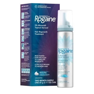 Rogaine 5% Minoxidil Foam for Women, unscented hair regrowth treatment in a 2.11 oz container, promotes fuller hair.
