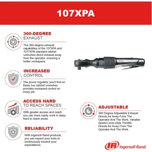Ingersoll Rand 107XPA 3/8” Air Ratchet Wrench, Heavy Duty, 54 ft lbs Max Torque Output