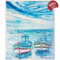 BARQUES DE PECHE SOUS LA PLUIE 65X54cm, huile au couteau
