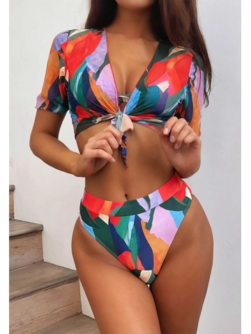 3 Piece Allover Graphic Micro Triangle Bikini Swimsuit