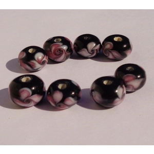 8 Black Pink Round Beads 12mm Swirl Flower