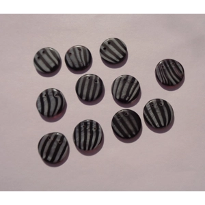 11 Black Striped Flat Glass Beads 2 Holes 15mm