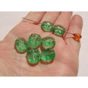 6 Clear Green Textured Glass Beads 15mm x 13mm