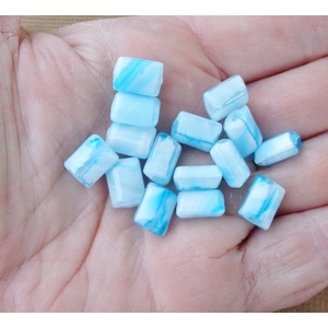 15 Blue White Rectangle Pillow Beads 9 x 11mm Glass