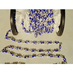 Blue White Beaded Rosary Chain Silver Tone 1 Yard Jewelry Crafting