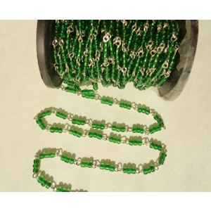 Green Beaded Rosary Chain Silver Tone Chain 1 Yard Crafting
