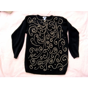 Victoria Jones Black Sweater L Large Gold Beading Ugly