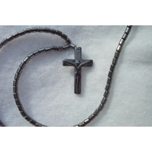 Hematite Cross Choker Necklace Figure Jesus Jewelry 15.5 Inch