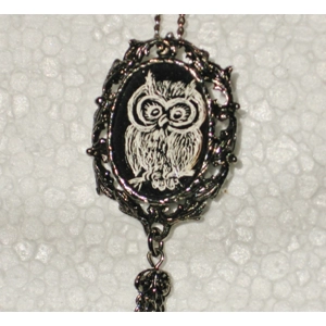 Etched Owl Pendant Necklace Vintage Jewelry Scrimshaw Tassle