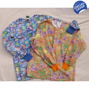 2 Scrub Tops S 42 Chest Blue Orange Prints Long sleeve