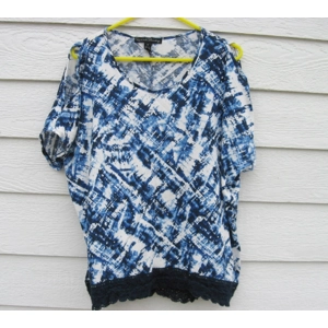 French LaundryTop 1X 54 Chest Blue White Open Shoulder Gauze Look