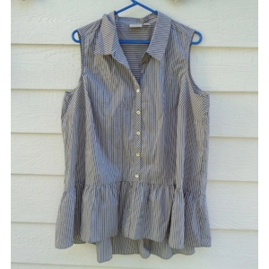 LOGO Lori Goldstein Striped Button Blouse 1X Gray Top A307268 1XG