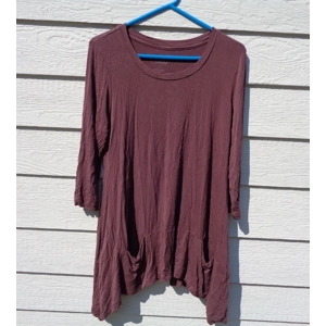 LOGO Lori Goldstein Tunic Top Shark Bite Hem Large Pockets Plum LD