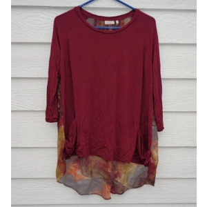 LOGO Lori Goldstein Burgundy Tunic Top Chiffon Back Medium 44 Chest