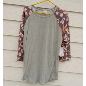 Lularoe Randy Top Large NWT Gray Body Brown Print Sleeves 40 Chest