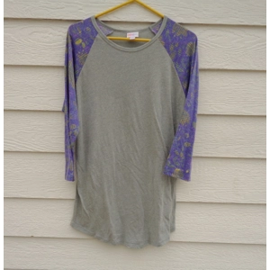 Lularoe Randy Top Large Gray Body Purple Print Sleeves NWT 40 Chest